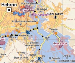 Birin : Blau die von Israel kontrollierte Zone C. , violett die Siedlungen und gelb die von der Palästinensischen Autnomiebehörde kontrollierte Zone A.